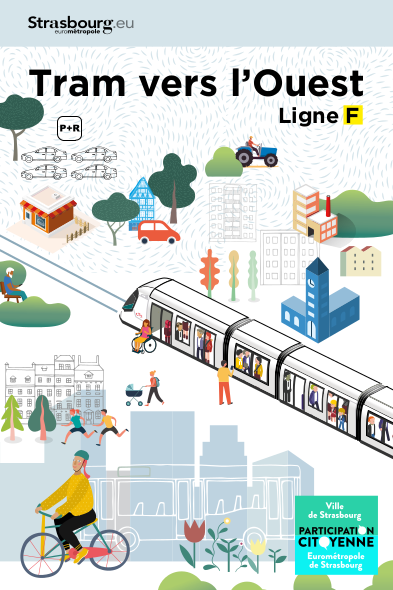 Affiche montrant le tram au milieu d'un espace urbain très boisé